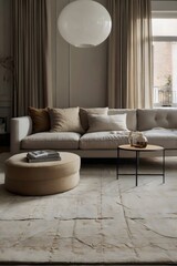 A living room with a tan couch and tan ottoman