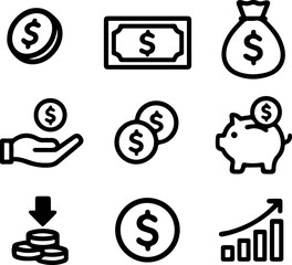 Set of 9 black and white finance and money icons on transparent background