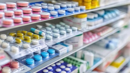 Pharmacy shelves stocked with various medications