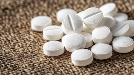 Pile of white pills on burlap