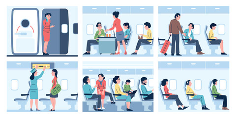 Inside airplane. Passengers travel by aircraft, boarding time, board in complete. Working stewardesses, travellers with luggage in plane, recent vector scenes
