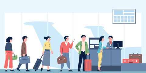 Airport check in queue. Travellers queue with luggage in terminal. Departure or transfer area, people registration on desk, recent vector scene