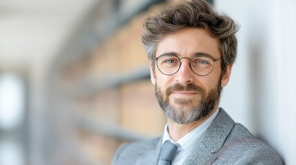Obraz premium Professional Man in Gray Suit with Glasses Smiling in Modern Office with Bookshelf in Background