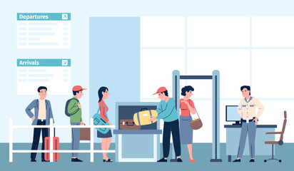 Airport security check. Passengers queue with bags and luggage to x-ray claim. People on checkpoint on railway or bus station terminal, recent vector scene
