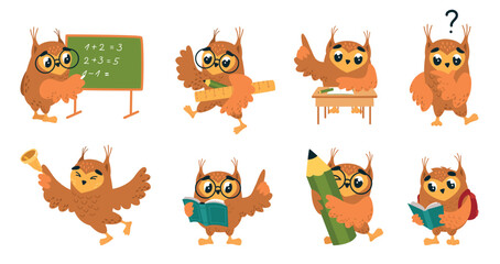Obraz premium Cartoon smart owls. School owl characters, birds studying, thinking, find answers. Funny childish educational mascots, back to school classy vector set
