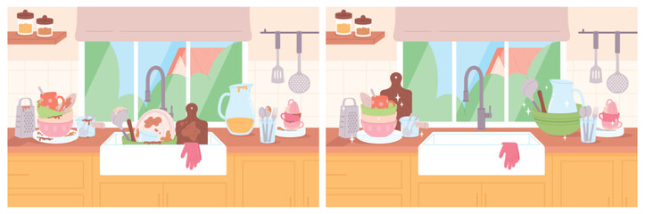 Wash dish in sink. Dirty and clean dishes on kitchen, messy kitchenware. Glass jug, glasses and cups, plates after dinner, racy vector scenes