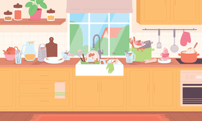 Dirty kitchen interior. Dishes after eating or cooking process. Messy plates bowls utensils in sink and on table. Household, kitchenware racy vector scene