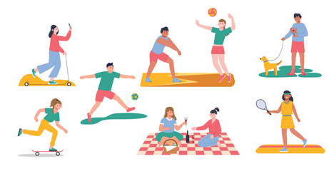 Beach and park activities. People walking dog, play volleyball, eating and drinking on picnic. Young adults on skateboard, doing sport, splendid vector scenes
