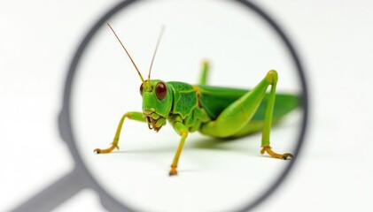 Magnified view of a green grasshopper against pure white, pest, background