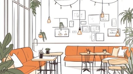 Cozy cafe interior sketch, plants, art, relaxed atmosphere, perfect for social media or design inspiration
