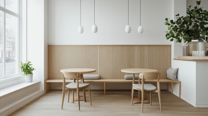 Modern cafe interior, minimalist design, natural light, cozy seating