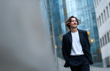 Fototapeta premium Confident Young Man in Suit Walking on Street