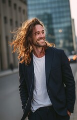 Fototapeta premium Confident Young Man in Suit Walking on Street