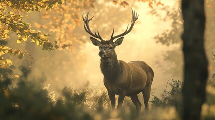 Majestic deer in autumnal forest at sunrise