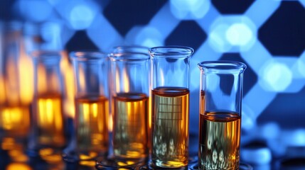 Test tubes filled with amber liquid, scientific lab setting