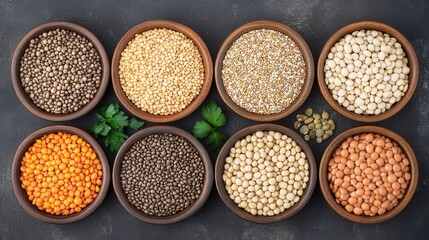 Various legumes and grains in small bowls