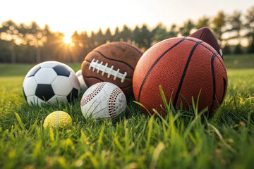 Various sports balls lying on grass at golden hour, outdoor activity and fitness concept with soft evening light