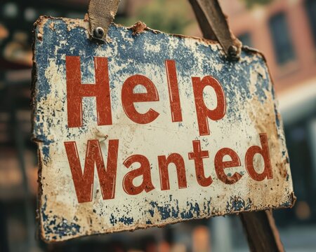 A vintage "Help Wanted" sign featuring weathered paint, suggesting a need for assistance and evoking a sense of nostalgia.