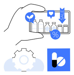 Hand holding smartphone displaying medicine bottles, eco label, discount, and sales icons. Gear and pill icons highlight e-commerce, healthcare, sustainability, and digital innovation themes. Ideal