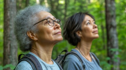 Obraz premium Tranquil Forest Meditation Scene with Relaxed Multiracial Friends in Nature. Forest bathing concept