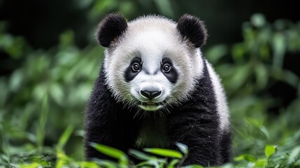 Fototapeta premium Adorable Giant Panda Cub Playing in Green Bamboo Forest Environment