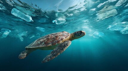 Fototapeta premium Sea Turtle Swimming Among Plastic Bottles Emphasizing Ocean Pollution Threat