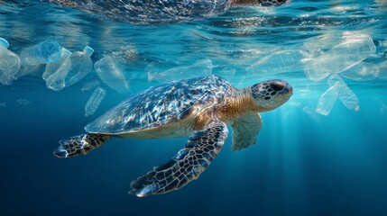 Obraz premium Sea Turtle Swimming Through Ocean Polluted by Plastic Bottles Concept