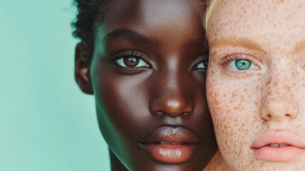 Diverse beauty close-up portraits of fictional women with glowing skin and soft light, pastel background, minimal composition, copy space