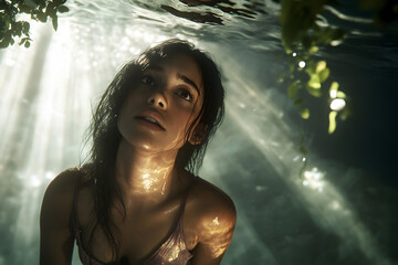 A woman free diving in an underwater cave, with rays of light filtering through the water's surface.