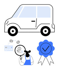 Car as main object, credit card, person with magnifying glass, and quality assurance ribbon. Ideal for financial services, consumer trust, automotive industry, credit evaluation, security