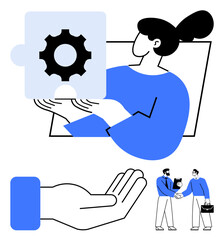 Woman holding gear puzzle, symbolic hand gesture, business handshake. Ideal for teamwork, collaboration, problem-solving, partnership, strategy innovation communication. Flat simple metaphor
