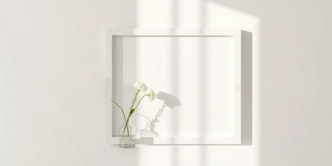 Sunlit minimalist white frame mockup, single white flower in vase, shadow on white wall, blossom, presentation