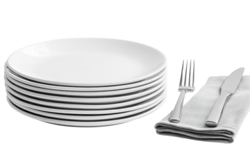 Stack of pristine white plates ready for a dinner party elegantly set with fork and knife minimalist isolated on transparent background