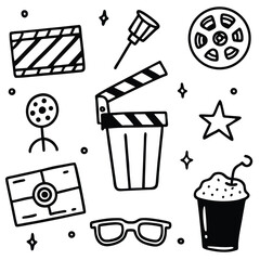 Movie and cinema vector icons set with camera popcorn shopping and video symbols