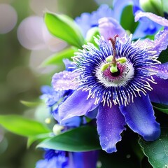 Vibrant Blue Passion Flower with Lush Green Foliage in Bloom