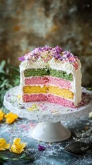 Naklejka premium Decorated full rainbow cake slice with whipped cream topping