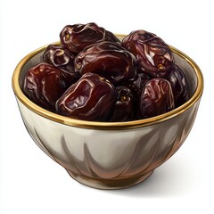 A bowl filled with a heap of shiny dates isolated on white background