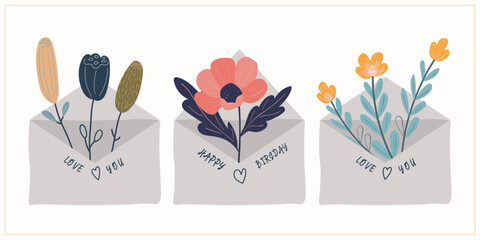 Set of envelopes overflowing with vibrant, pinc, yellow, stylized flowers, each accompanied by heartfelt messages of love and celebration, perfect for postcards, illustrations on special occasions. 