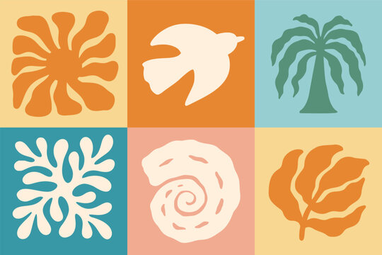 Abstract Boho Summer Beach Vector Icon Set. Groovy Retro Organic Sea Silhouette for Contemporary Logo, Print. Boho Hand Drawn Coastal Design in Naive Style. Irregular Cutout Ocean Shape Modern Poster.