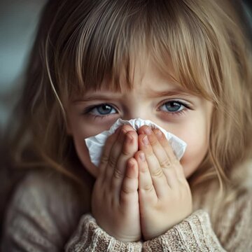 Portrait of sick child blowing nose suffering from cold or flu