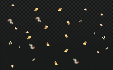 Falling golden confetti pieces on a transparent dark checkered background. Perfect for adding a celebratory and festive atmosphere.