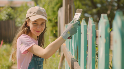 This young girl joyfully paints a wooden fence in the garden, expressing her creativity.