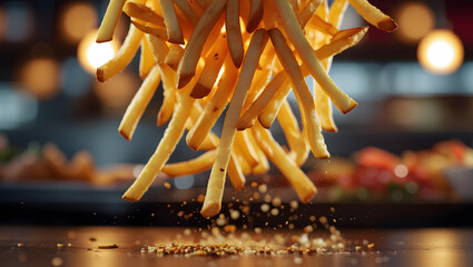 Cinematic View of Fries in Mid Air