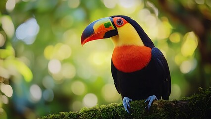 Obraz premium Colorful Toucan Perched On Branch Tropical Bird Wildlife Nature Vibrant Beak Jungle Photography