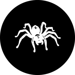 White arachnid silhouette against a stark black circular backdrop design