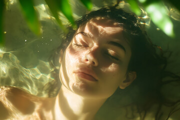 A woman free diving in an underwater cave, with rays of light filtering through the water's surface.