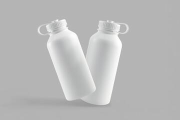Blank white sport water bottles mockup on gray background