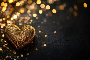 Fototapeta premium Golden heart on sparkling black surface with light