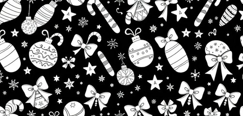 Whimsical black & white doodle holiday pattern; seamless design featuring ornaments, candy canes, stars, snowflakes, and festive bows, candy cane, texture