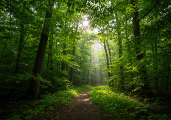 Obraz premium Forest Path with Sunlight Lush Green Trees and Nature Trail, Scenic Landscape, Outdoor Adventure.